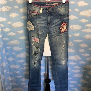 PLEASE Italian Y2K Skinny‎ Jeans Distressed Blue Patches Vintage Heart Flag XS